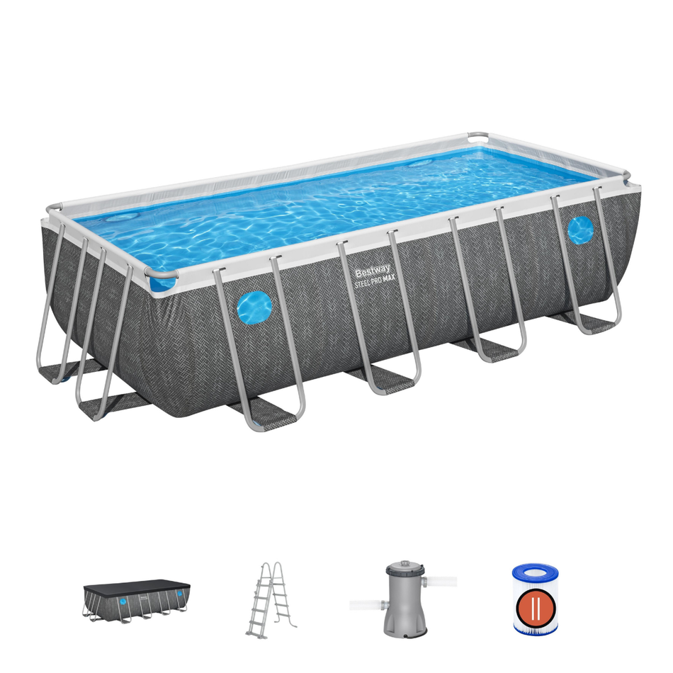 Bestway 16ft x 8ft x 48" Rectangular Steel Pro MAX™ Splashview Above Ground Swimming Pool, Filter Pump & Accessories