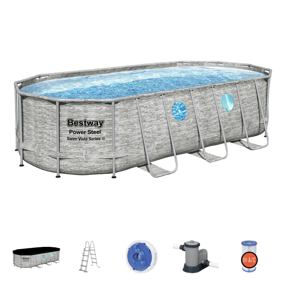 Bestway 18ft x 9ft x 48" Oval Steel Pro MAX™ Splashview Above Ground Swimming Pool, Filter Pump & Accessories