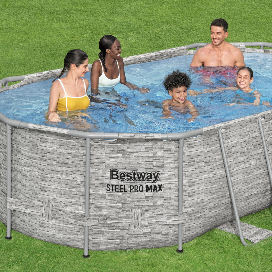 Bestway 14ft x 8ft 2" x 39.5" Oval Steel Pro MAX™ Splashview Above Ground Swimming Pool, Filter Pump & Accessories